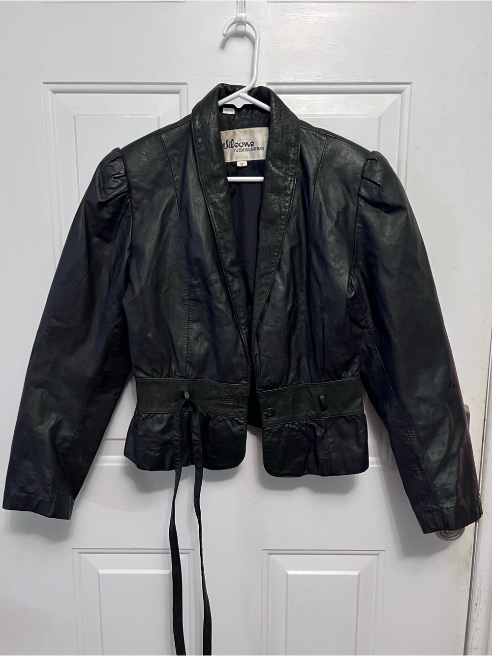 Wilsons Suede Leather  Black Genuine Leather Jacket 12 Belted Puff Sleeve Blazer